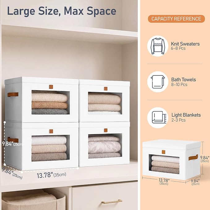 DIMJ Storage Bins with Lids - 6 Pack Front Opening Stackable Fabric Storage Boxes with Clear Window & Handles, Collapsible Closet Organizers for Clothes, Sweaters, Shelf Storage, Bedroom, White - Image 6