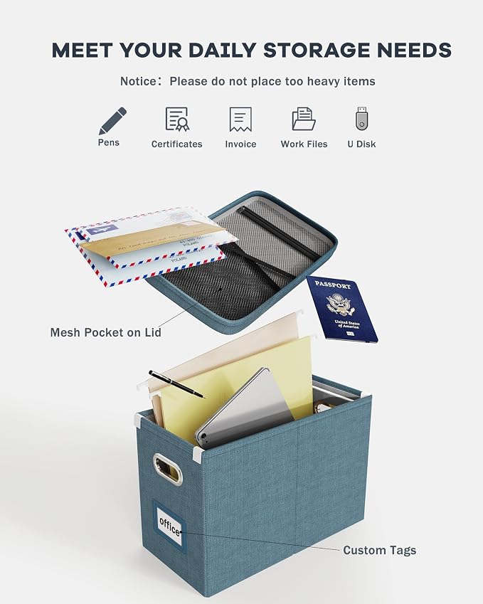 File Organizer with Lid, Hanging Filing Box with Mesh Pocket, Document Organizer for Letter Files, Portable Storage Box with Smooth Sliding Rail for Office&Home (2 PCS, Dark-blue) - Image 4