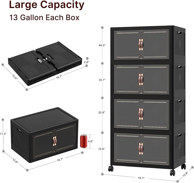 Stackable Storage Bins with Lids, 192QT Lockable Storage Cabinet | Folding Storage Box with Doors and Wheels, Collapsible Plastic Drawers for Home, Garage, Office - Image 2