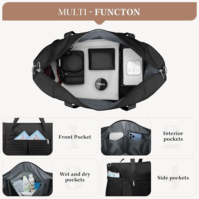 Maelstrom Gym Bag for Women,40L Travel Duffel Bag with Shoes Compartment and Wet Pocket,Waterproof Carry On Weekender Bag,Sport Gym Tote Bags Swimming Yoga, Hospital Holdalls（Black） - Image 4
