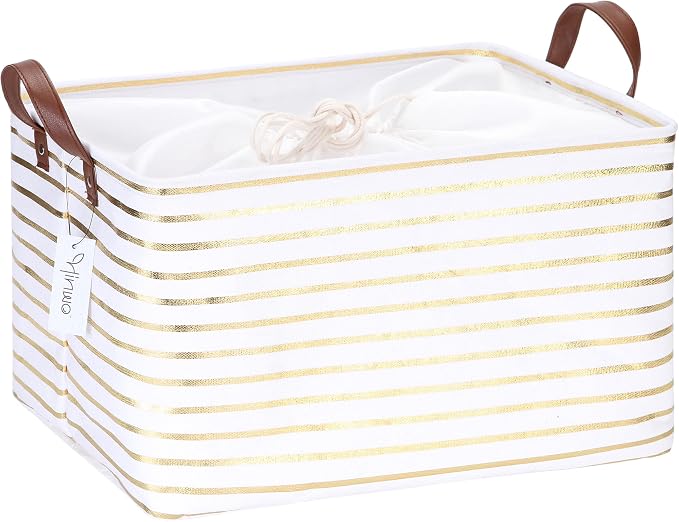 Hinwo 31L Large Canvas Storage Bin with Lid and Handles | Collapsible Fabric Basket, Closet Shelf Organizer, Container for Clothing, Blankets, Toys, Bedding (Gold Stripe) by Hinwo