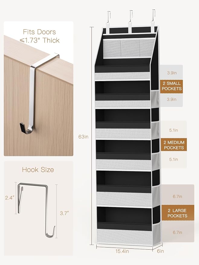 2 Pack Over the Door Organizer, Heavy-Duty 6-Shelf Hanging Storage with 13 Mesh Pockets, 55lbs Capacity Behind the Door Storage for Nursery, Bathroom, Bedroom, and Dorm, Black - Image 2