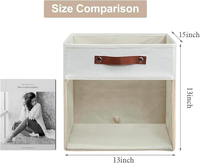 Storage Cubes, 4 Pack Linen Foldable Storage Bins with Clear Window and 2 Handles, 13x15x13 Storage Cube Bins for Shelf Closet, Kallax, Clothes, Books - (Beige / Off-White) - Image 3