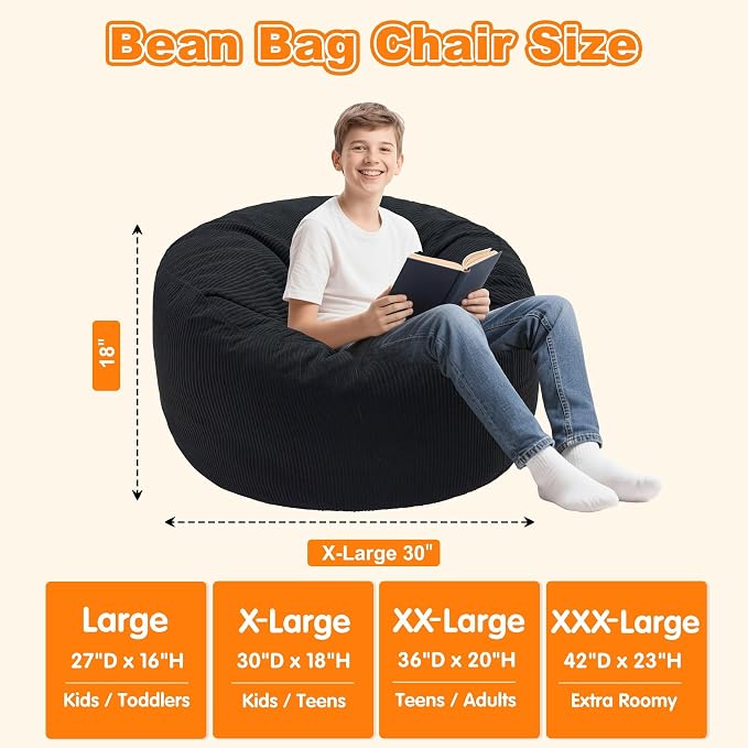 Lukeight Bean Bag Chair for Kids Teens Adults, Memory Foam Filled Floor Lounger, Washable Velvet Cover with Inner Liner, Beanbag Chair with Filling for Gaming and Reading, Black, X-Large 30"D x 18"H - Image 2