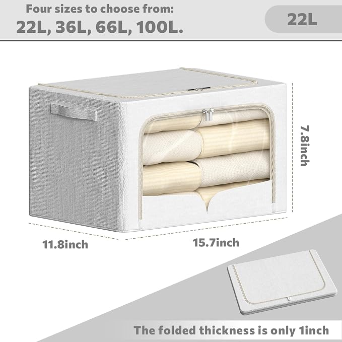 FHSQX 3 Pack Clothes Storage Bins Foldable Metal Frame Storage Box Stackable Linen Fabric Container Organizer Set with Carrying Handles and Clear Window (Cream White, 15.7x11.8x7.8inch(22L)) - Image 2