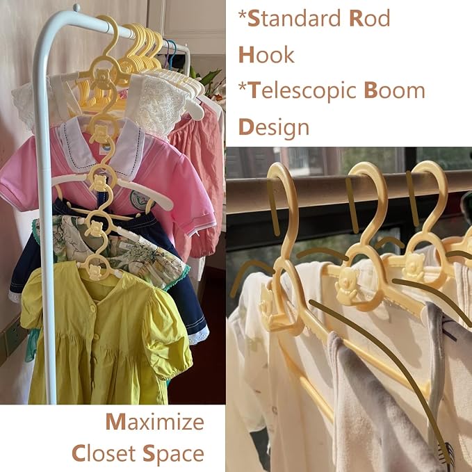Baby Clothes Hangers 20 Pack Plastic Kids Hangers Space Saving for Closet | ellow Hanger for Toddler Girl and Boy - Lightweight Anti-Slip Cascading Padded Slim Extendable Adjustable Pants Bear Hangar - Image 6