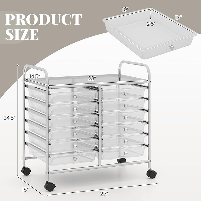 RELAX4LIFE 12-Drawer Rolling Storage Cart - Mobile Utility Cart on Wheels for School Classroom Teacher Office Salon, Paper File Art Supply Craft Organizer, Rolling Cart with Drawers (Clear) - Image 3