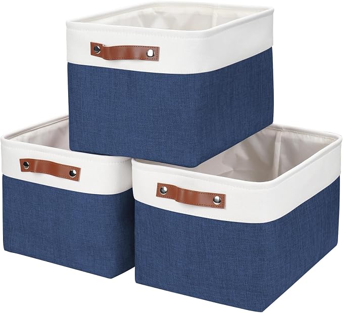 Storage Bins Large Fabric Storage Baskets for Shelves 3 Pack, Decorative Linen Closet Baskets with Handles for Organizing, Shelf, Clothes, Home, Office, 15x11x9.5Inches (NavyBlue&White) by Bagnizer