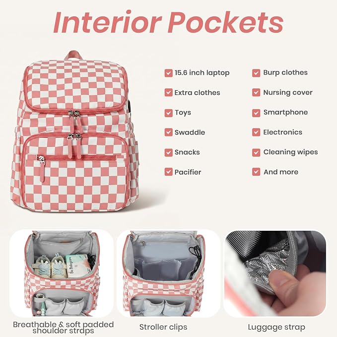 FHELAD Checkered Diaper Bag Backpack with Changing Pad & Stroller Clips | Baby Diaper Bag, Baby Shower Gifts, 4 Insulated Bottle Holders, Wet Wipe Pocket, Luggage Strap - Image 5