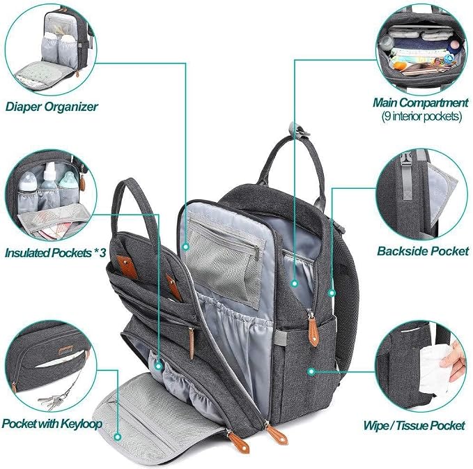 KAUKKO Baby Diaper Backpack Multifunction Travel Organizer with Stroller Straps Large Capacity and Durable (T1BLACK) (MDARK GRAY) - Image 3