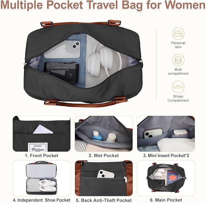 Large Weekender Bags for Women, Travel Duffel Bag with Shoe Compartment,Personal Item Travel Carry on Overnight Bag for Women Travel Set,Black & Brown - Image 4