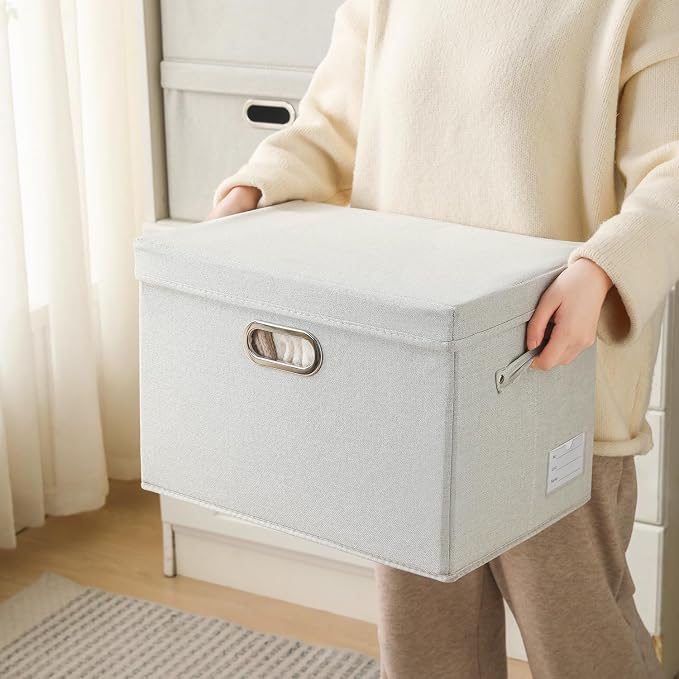 Collapsible Storage Bin with Lid [5-Pack] Fabric Foldable Storage Box Organizer Container Basket Cube with Cover for Home Bedroom Closet Office Beige(15.3x10x9.7) - Image 6