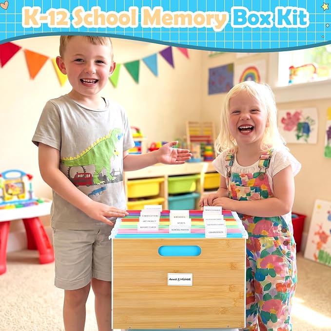 School Memory Organizer Box Kit K-12 School Year Memory Keepsake with 24 Different Memorys Questionnaire 24 Hanging File Folder 2 Label for Kid Storage Picture File Keeper(Rustic,Wooden,Acrylic) - Image 2