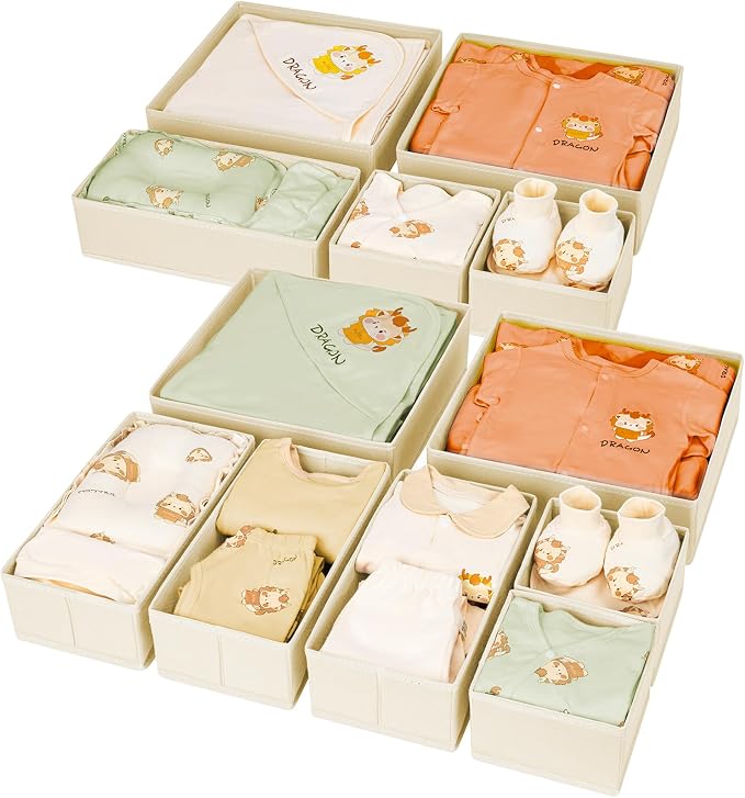 DIMJ Drawer Organiser System Drawer Organiser - Pack of 12 Storage Box Fabric Foldable Underwear Wardrobe Organiser for Clothes, Socks, Ties, Beige by DiMJ