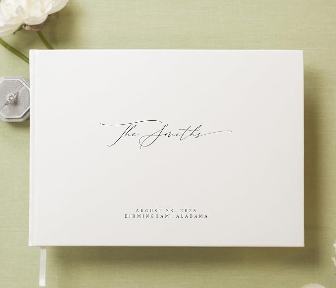 Personalized Guestbook in Eggshell - 11.5 x 8.5" Custom Hardcover Book for Wedding Reception Guests to Sign, Photobooth Album w/ Blank 140gsm Pages, Includes Ribbon Bookmark, Customized Names & Date - Image 2