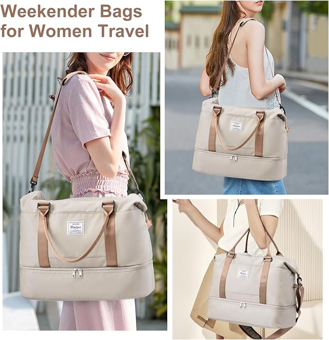 Weekender Bags for Women, Travel Duffel Bags with Shoe Compartment,Personal Item Travel Bag for Airlines, Carry on Overnight Tote Bag for Women with Toiletry Bag，Beige&Brown - Image 2