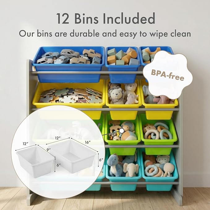 Humble Crew Kids Toy Organizer with 12 Bins, 4 Tier Storage for Playroom | Sturdy wood and steel toddler shelf, removable BPA-free containers, wall anchor anti-tip safety kit for bedroom or classroom - Image 3