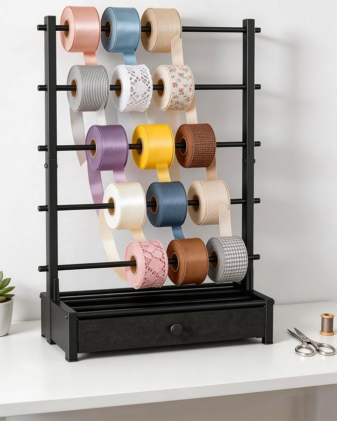 Ribbon Organizer with Fabric Drawer, Adjustable 5-Tier Ribbon Holder Rack | Stores Gift Wrap Ribbons, Craft Supplies, and Wrapping Tools with a Stable Metal Design for Easy Organization - Image 8
