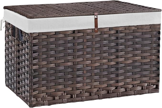 180L Wicker Storage Basket with Lid, Handwoven Rattan Large Shelf Basket with Removable Liner, 47.6 Gallon Wicker Basket for Blanket, Storage Trunk with Handle for Closet, Bedroom, Livingroom, Brown by Hiagnete