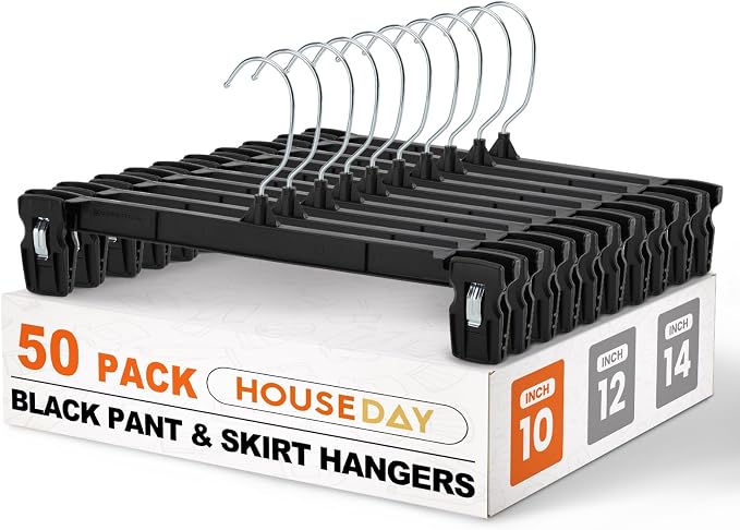 HOUSE DAY Black Pants Hangers with Clips 50 Pack, 10 Inch Skirt Hangers | Non-slip clips hold folded pants, skirts and kids' clothes; 360° swivel hook and compact design fit dorms and small closets by HOUSEDAY