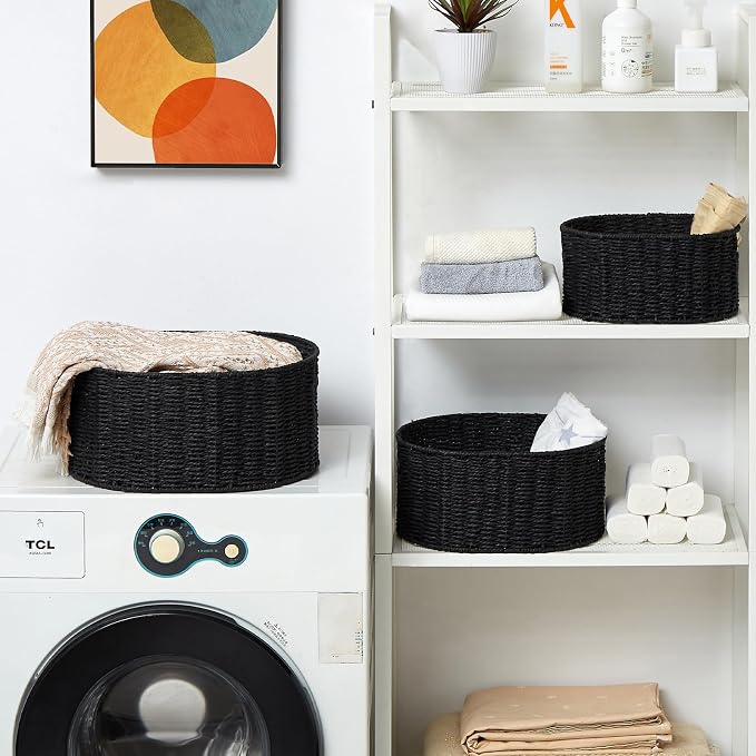 Wicker Basket, Set of 3 Round Storage Baskets for Organizing, Woven Paper Rope Wicker Storage Basket with Handles, Black Cube Storage Organizer Bins Baskets for Shelves & Decor, Black - Image 7