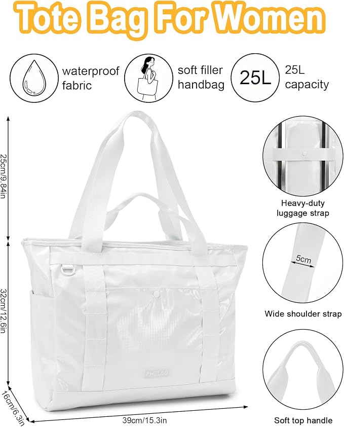 FHELAD Extra Large Glossy Tote Bag for Women, Beach Shoulder Bag 25L | Waterproof Sandproof, 15.6" Laptop Compartment, Luggage Strap, Work, Travel - Image 4