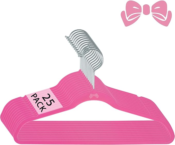 Simplify 25 Pack Kids Velvet Hangers | Slim | Non-Slip Design | Space Saving | Childrens Clothes | Shirts | Pants | Dresses | Baby Nursery | Closet Storage & Organization | Pink by Simplify