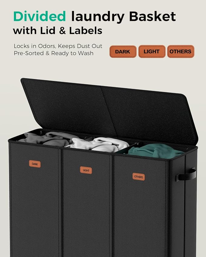 185L Laundry Hamper 3 Section with Lid & Removable Bags | Collapsible laundry basket organizer for laundry room, bedroom & dorm with 3 removable washing bags - Image 3