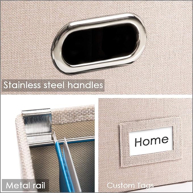 File Organizer Box - Set of 2 Collapsible Decorative Linen Filing Storage Hanging File Folders with Lids Office Cabinet Letter/Legal Size Light Grey (17x14x11.2 inch) - Image 6
