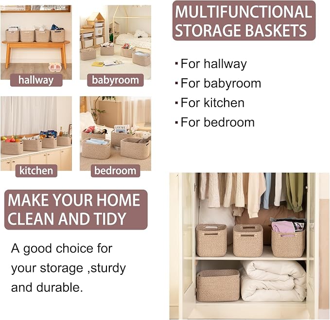 OIAHOMY 4 Pack Storage Baskets for Organizing, Cube Storage Bins for Shelves, Rectangle Storage Baskets With Handles, Woven Baskets for Storage, 12.7''Lx9''Wx7.8''H, Mixed Brown - Image 6