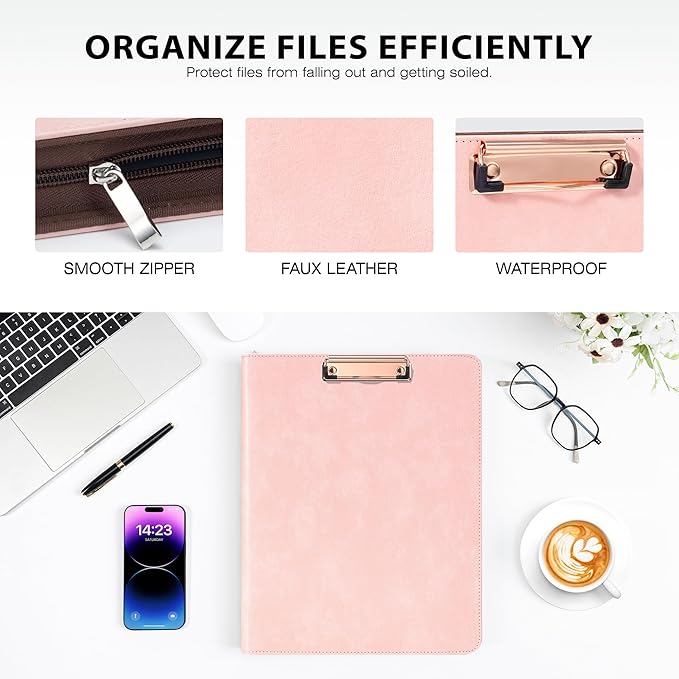Ospelelf Zippered Padfolio Organizer, Faux Leather 3 Ring Binder with Clipboard, Letter Size Business Portfolio with Notepad, Tablet Sleeve & Phone Pockets for Office Work Pink - Image 5
