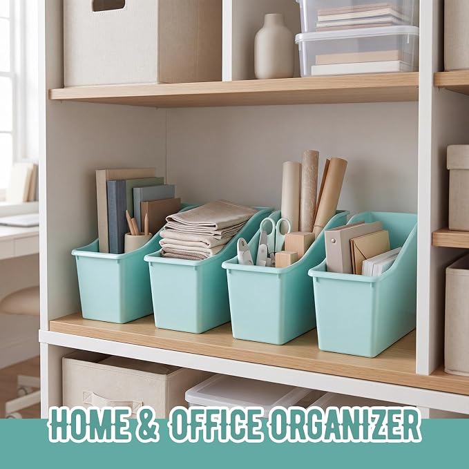 Geetery 6 Pcs Book Bin for Classroom with Labels Stackable Plastic Organizing Bins 11.5 x 5.4 x 7.5 in Book Holders Storage Bins Box Baskets for Classroom Library Home (Teal Color) - Image 4