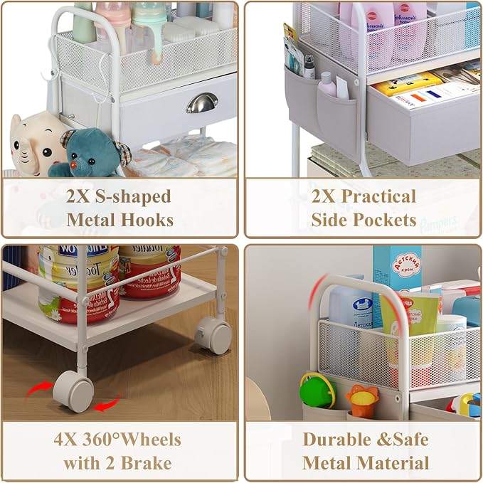 Baby Diaper Caddy Cart Organizer -3 Tier, Bedside Nursery Essentials Organizer & Storage Holder for Newborn Baby Stuff, 2+1 Dividers, 1 Drawer,Rolling Utility Cart for Bedroom,Changing Table, Crib. - Image 7