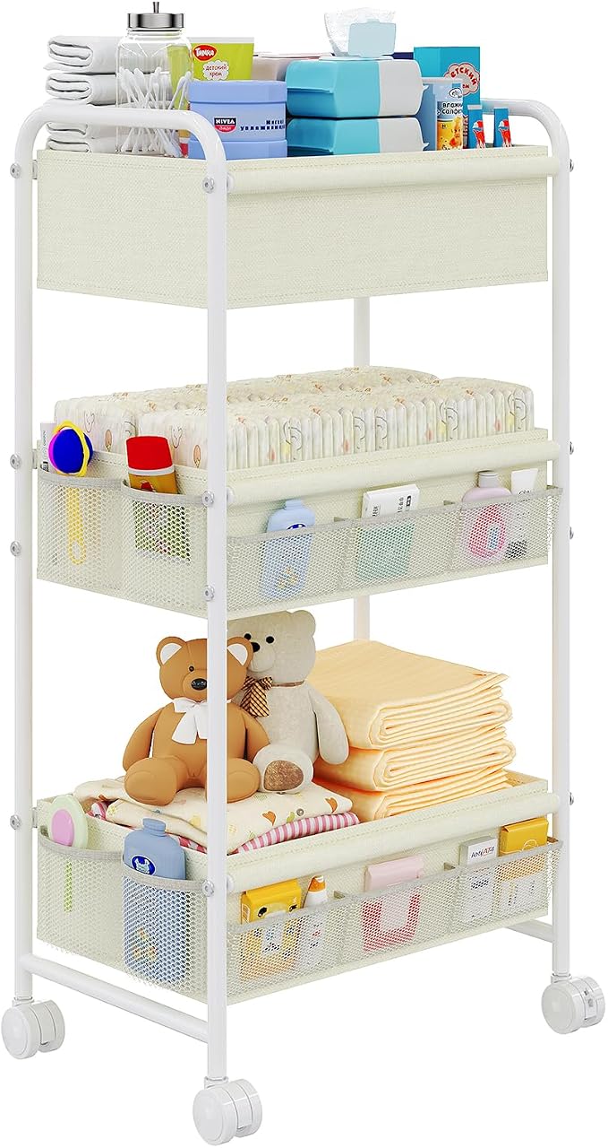 3-Tier Baby Diaper Caddy Cart Organizer,Mobile Nursery Storage Carts with Wheels,With 2 Dividers&14 Mesh Pockets Durable Metal Utility Cart for Nursery, Bedroom, Bathroom, Baby Essentials Organization by Cidaziya