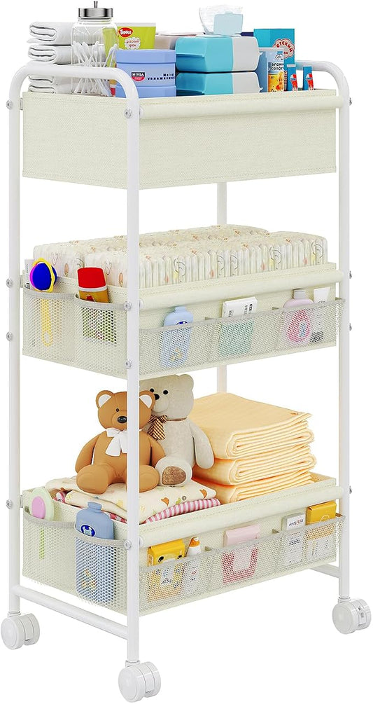3-Tier Baby Diaper Caddy Cart Organizer,Mobile Nursery Storage Carts with Wheels,With 2 Dividers&14 Mesh Pockets Durable Metal Utility Cart for Nursery, Bedroom, Bathroom, Baby Essentials Organization by Cidaziya