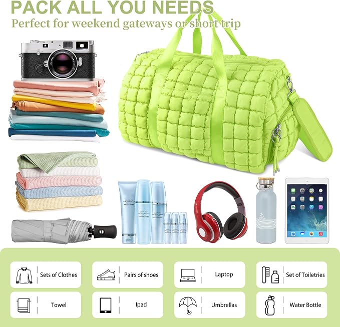 Quilted Travel Duffle Bag Gym Bag for Women,Large Puffer Duffle Weekender Bag with Compartment,Workout Overnight Carry on Organizer Bag Duffle Bag for Airplane Travel(L-Green) - Image 5