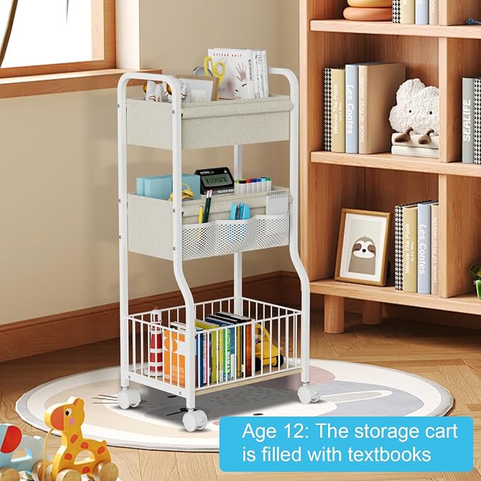 3-tier Baby Diaper Caddy Organizer and Storage Cart with 4+3 Dividers, Metal Utility Cart with Lockable Wheels for Nursery, Bedroom, Bathroom, White - Image 5
