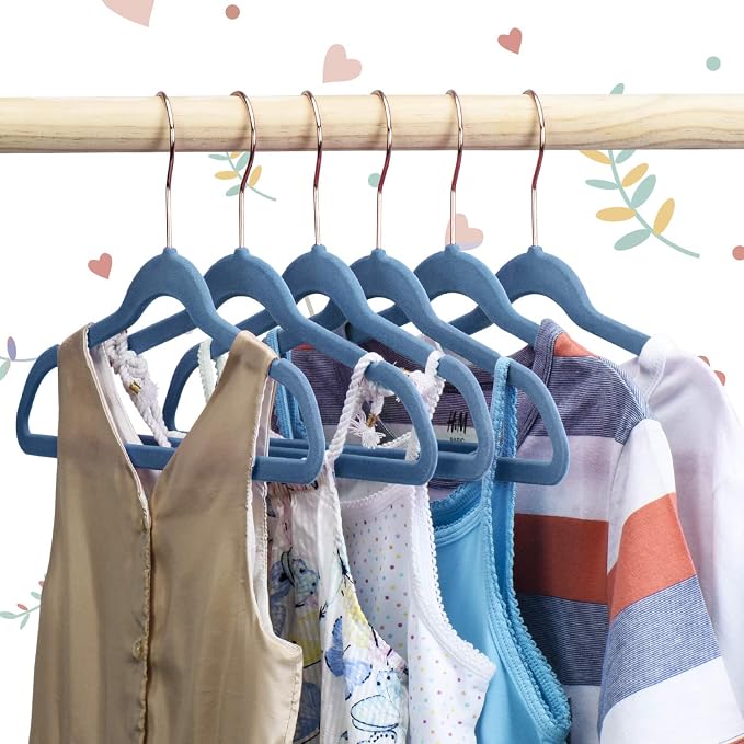 HOUSE DAY Velvet Kids Hangers 60 Pack, Premium Childrens Hangers for Closet | Light Blue Ultra Thin Cute Clothes Hanger, Non Slip Small Felt Hanger 14 Inch for Kids Clothes +360° Swivel Rose Gold Hook - Image 6