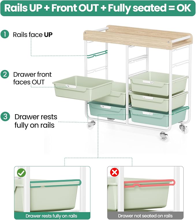 10 Drawer Rolling Storage Cart with Wood Top for Classroom Crafts Green | Easy Setup, Large Capacity, Sturdy Build, Lockable Mobility, For office, classroom and home supplies - Image 7