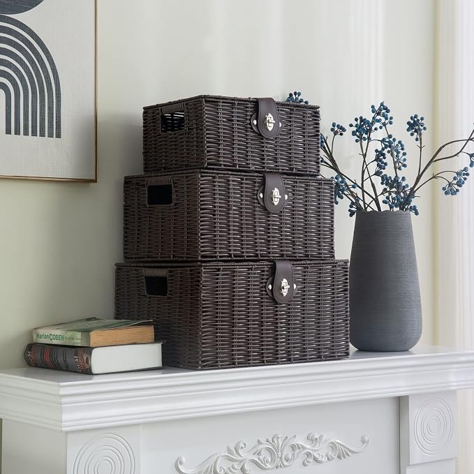 Set of 3 Woven Wicker Storage Basket Box with Lids & Lock, Built-in Carry Handles, Multifunctional Storage Organizer for Nursery, Baby, Clothes, Toys, Books, Large/Medium/Small Size (Brown) - Image 8