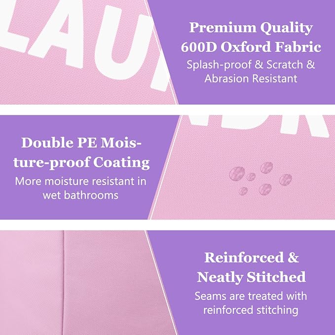 125L Pink Laundry Basket, Extra Large Clothes Basket with Handles, Waterproof Dirty Clothes Hamper, Collapsible Laundry Bin Stand Upright, Sturdy Storage Basket for Bathroom, Flat, Pink - Image 9