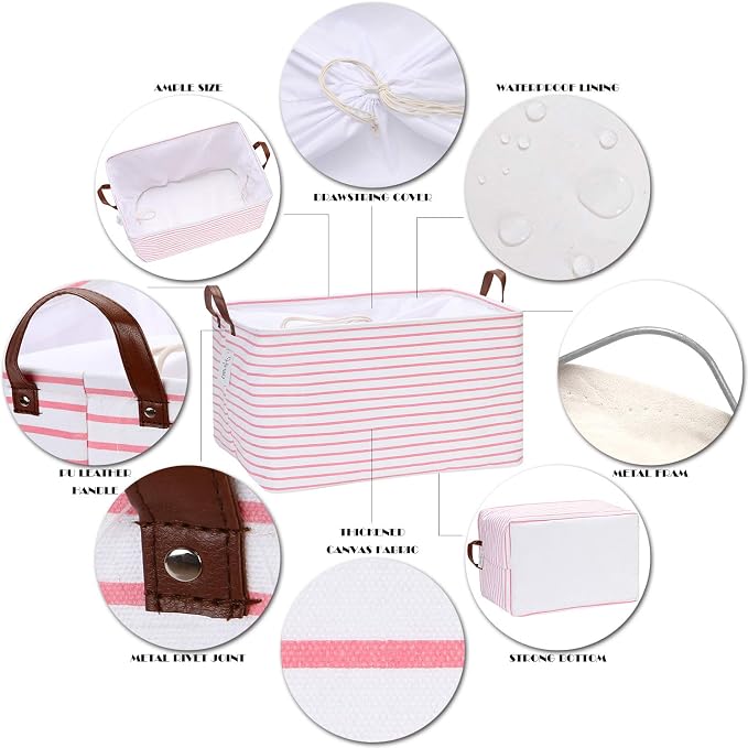 Hinwo 70L Extra Large Canvas Storage Bin with Lid and Handles | Collapsible Fabric Basket, Closet Shelf Organizer, Container for Clothing, Blankets, Toys, Bedding (Pink Stripe) - Image 4