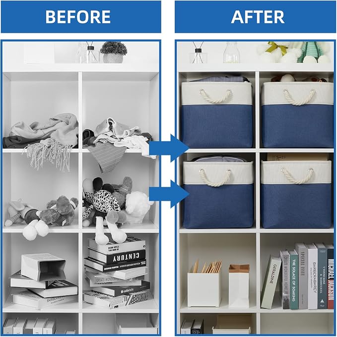 Temary Fabric Storage Cubes for Organizing 4Pack Blue Fabric Storage Basket 12 Inch Cube Storage Bins with Handles for Organizing Toys, Shelf Baskets for Home Office Closet (White&Blue) - Image 6