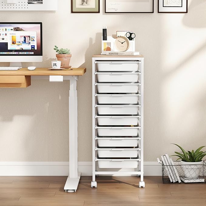 Giantex Rolling Storage Cart with 10 Drawers, Utility Cart w/Wooden Tabletop, Lockable Wheels, Multipurpose Organizer for Art Craft Books Paper, Drawer Carts for Dorm Classroom Office, White - Image 4