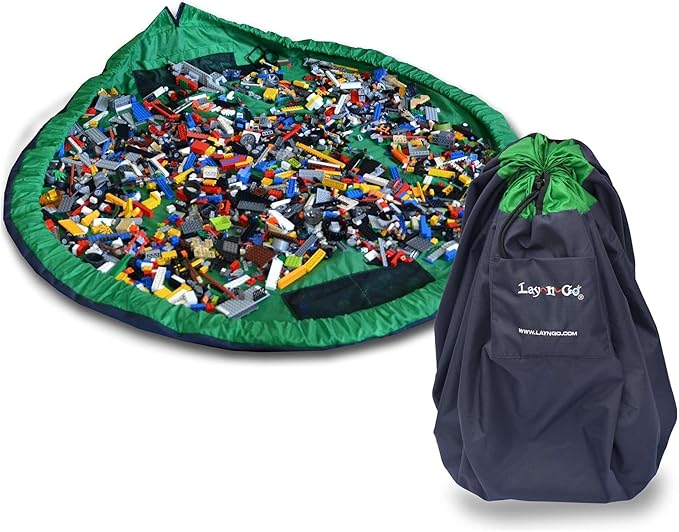 Lay-n-Go Layflat Portable Drawstring Cinch Storage Toy & Mini Figures Organizer & Play Mat, Mesh Pockets, Home & Travel, Kids & Toddlers Playdates, 2 Straps for Backpack, Durable, Machine Washable by Lay-n-Go