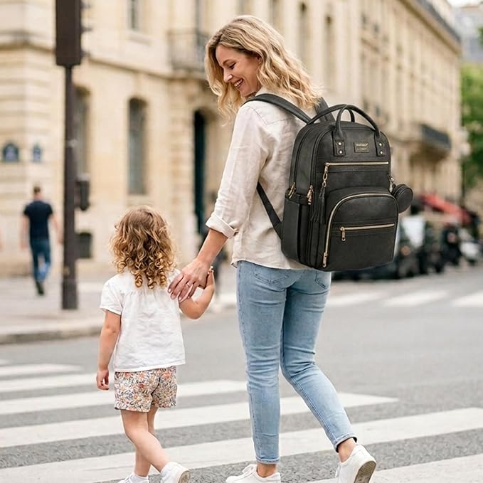 ROSEGIN Premium Vegan Leather Diaper Bag Backpack with Waterproof Changing Pad, Reinforced Zippers & Odor-Free, 20 Pockets Pro Organizer, Fits 15.6" Laptop, Stroller Straps, Baby Bag for Mom, Black - Image 2