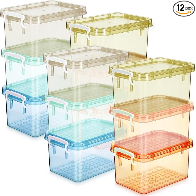 12 Pack Colorful Plastic Storage Bins with Lids 4 Quart Small Storage Latch Box Stackable and Nestable Clear Organizer Bins with Latching Handle and Buckle for Organizing (Pastel) by Wenqik
