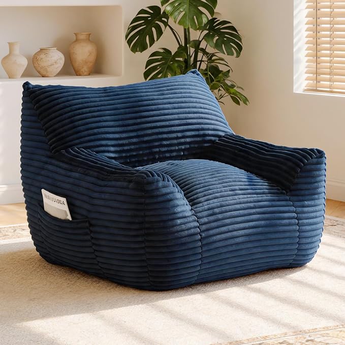 Bean Bag Chair for Adults & Kids, Giant Bean Bag Sofa with Side Pocket, Corduroy Beanbag Chair with Armrests, Comfy Stuffed Floor Sofa for Living Room Bedroom Dorm, Blue by Nivayor