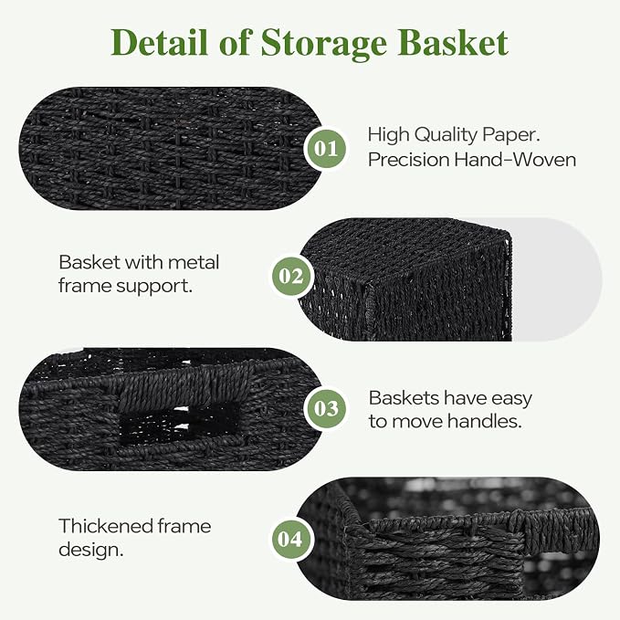 Patvingot 11-Inch Paper Rope Wicker Basket with Built-In Handles,2 Pack | For books, throws and accessories on open shelves, decorative woven texture, metal frame supports the shape, folds flat - Image 5