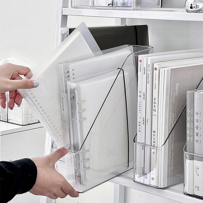 4-Pack Acrylic Vertical Magazine Holder & Book Organizer Clear Desktop File Storage Rack for Office/Home, Includes 3 Silicone Bookmarks (Space-Saving Design) - Image 4